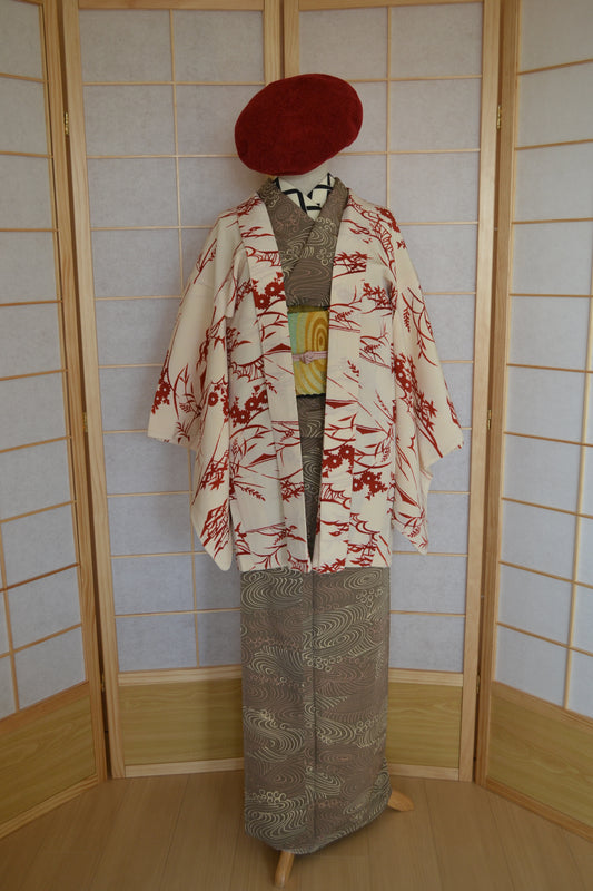 Haori Femme Vintage €78.50 - fleurs et végétaux, ivoire - 0004