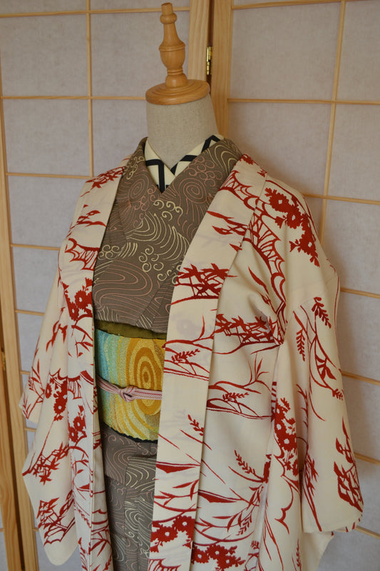 Haori Femme Vintage €78.50 - fleurs et végétaux, ivoire - 0004